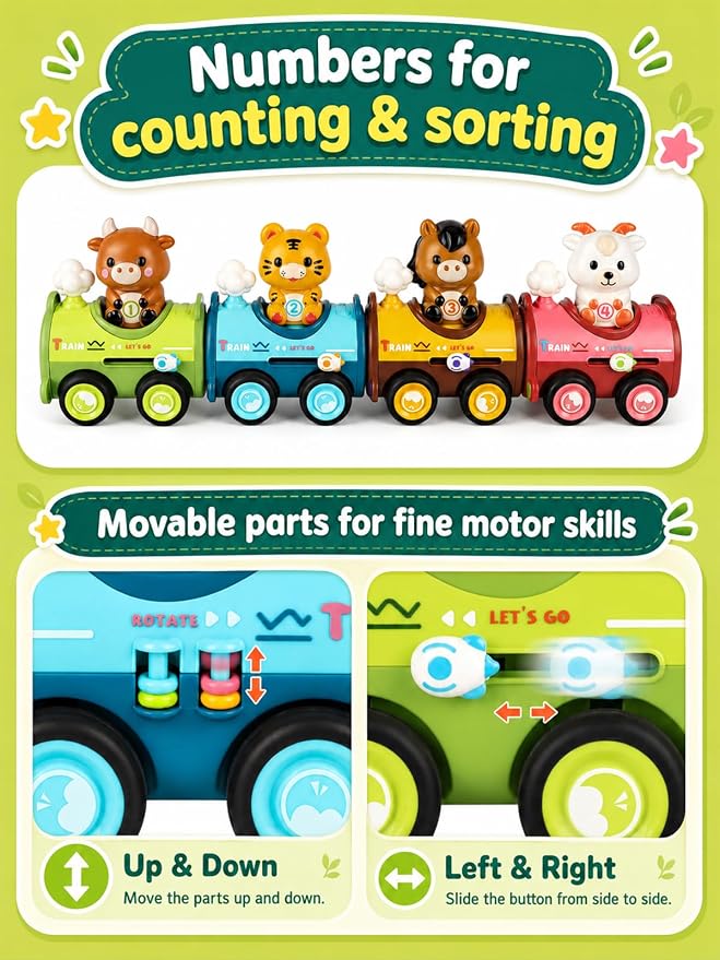 Magnetic Connect & Press to Go Car Toys, 4 Pack Animal Racing Cars with Detachable Finger Puppets, Fine Motor Push Down Vehicle Set for Toddlers 1-3, Birthday Gift for 12-18 Months Baby