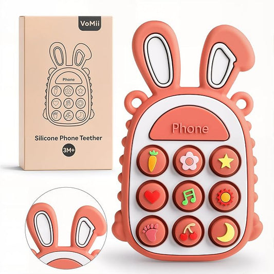 Press Phone Teether for Baby Girls, Soft Silicone Teething Toy, Sensory Toy | Teething Relief, BPA-free, Freezer, for Baby 3 Months+, Cute Rabbit Design with Textures and 9 Patterns, Press & Pop for Fun!
