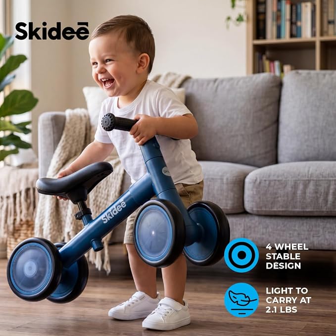 SKIDEE Toddler Balance Bike 1-3, 4-Wheel Balance Bike with Rare Light-Motion-Activated LED Wheels, Adjustable Height & Child Safe Steering, Lightweight Ride-On Toy Training Bike for Boys & Girls