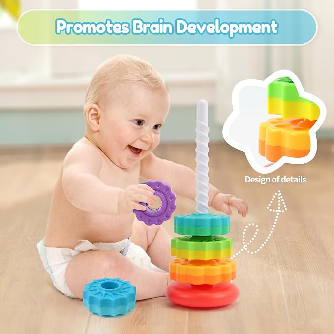 Riuja Baby Spinning Stacking Toys, 1-3 Rainbow Ring Stacker Montessori Toys for Babies, Sensory Toys for Toddlers, Christmas and Birthday Gifts Suitable for Boys and Girls (14 inches)
