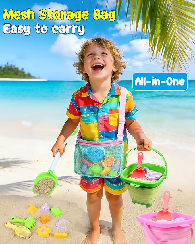Collapsible Beach Sand Toys for Kids Toddlers with Sand Bucket, Marine Animal Molds, Castle Building Molds, Shovels, Storage Mesh Bag, Travel Sand Toys for Boys Girls (23PCS ( 2 Sand Buckets ))