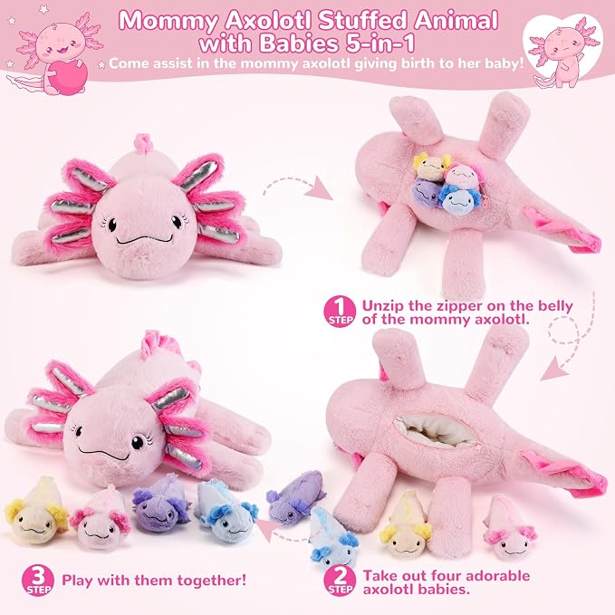 gnomantic Axolotl Stuffed Animals with Babies Inside, Mommy Toy for Kids | 5-Piece set: 1 mommy axolotl + 4 baby axolotls inside. Unzip belly to reveal surprise babies. Ultra-soft, ages 3-8.
