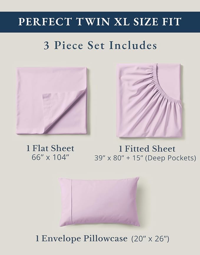 LANE LINEN Twin XL Sheet Set 100% Organic Cotton Percale 3pc - Orchid Petal | Twin XL Sheets In Pure Long-Staple Organic Cotton - Breathable For Year-Round Sleep, Best-Value Organic Cotton