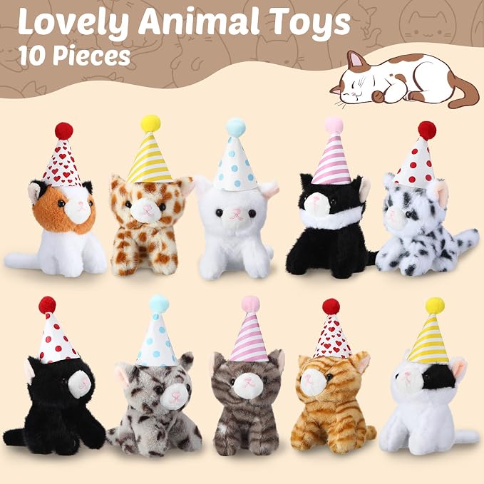 10 Set Kittens Stuffed Animals Bulk with 10 Birthday Hats 10 Kraft Paper Boxes Mini Plush Toys Small Stuffed Cat Pet Gifts for Kids, School Birthday Animal Decor(Sitting Style)