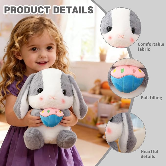 HOUPU Soft Toy - Sitting Lop Eared Rabbit, Easter White Rabbit Stuffed Bunny Animal with Carrot Soft Lovely Realistic Long-Eared Standing Pink Plush Toys (Ash White-Cake,12.5in/32cm)