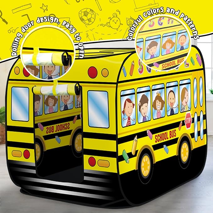 Pop Up Play Tent for Kids Aged 3-5 Years Old Boys and Girls : School Bus Tent Playhouse Toy Play Tents for Toddlers 3-5 Kids Tent Indoor Outdoor Playhouse Toys for 3 + Year Old, School Bus