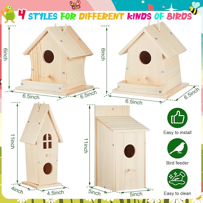 Liliful 8 Pack Birdhouse Crafts for Kids, Wooden Creative DIY Bird House Kits Arts and Crafts Set for Kids and Adults, Spring Birthday Gifts for Toddlers Ages (Vintage Style)