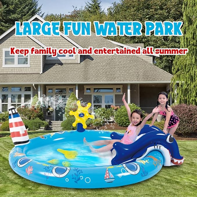 Kiddie Pool with Slide Inflatable Play Center Wading Lounge Kids Pool, Marine Life Sprinkler, Water Game Play Center for Kids 80" x 60" x 25"