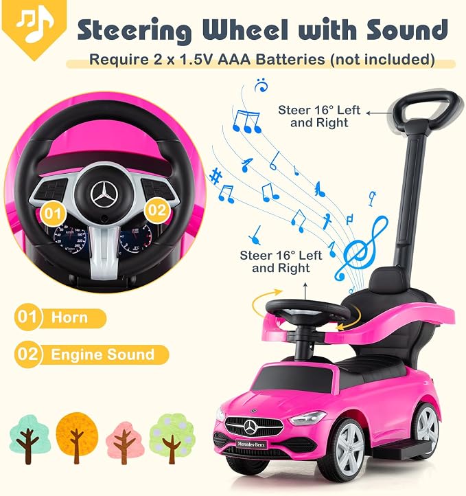 Costzon Push Car for Toddlers, 3 in 1 Mercedes Benz Stroller Sliding Walking Car w/Canopy, Handle, Safety Bar, Horn Sound, Underneath Storage, Foot-to-Floor Ride On Toy for Boys & Girls (Pink)