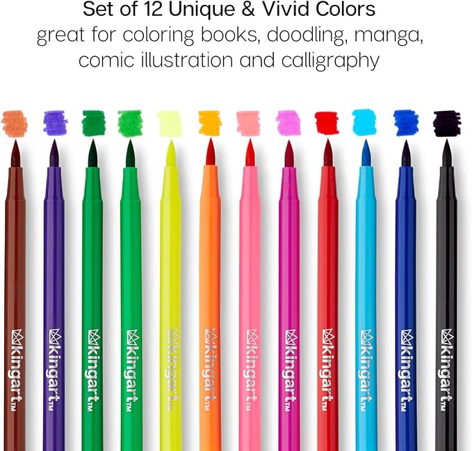 KINGART Watercolor Brush Marker Set – 12 Vivid Colors – Flexible Nylon Tips for Sketching, Drawing, Calligraphy, & Painting – Reusable Storage Case Include