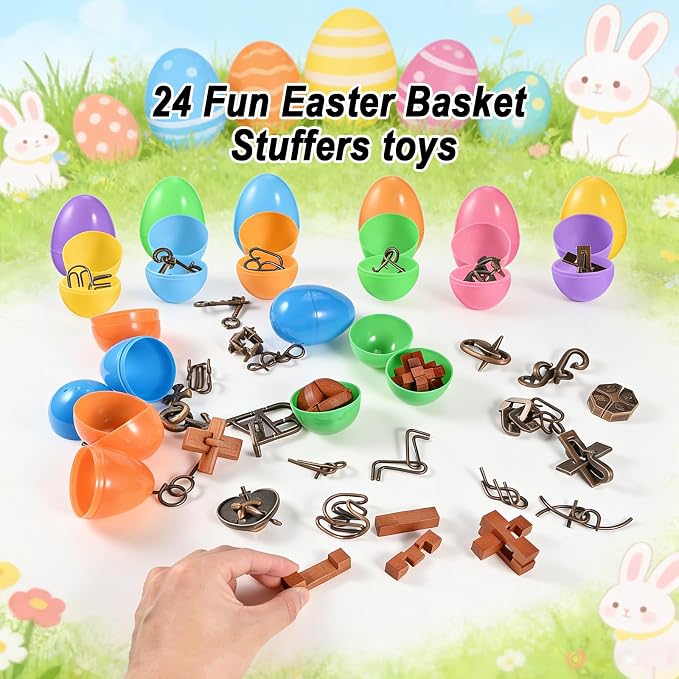 GOLDGE 24 Pack Easter Eggs Filled with Brain Teaser Puzzle Set for Adults & Kids, Ancient Wooden & Metal 3D Puzzles, IQ Logic Games for Easter Basket Stuffers & Party Favors, Egg Hunt, Family Fun