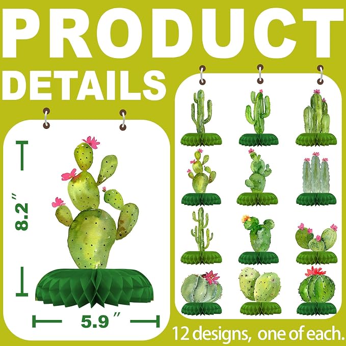 12 Pack Cactus Table Decorations - Cactus Party Decorations for Kids' Birthday and Baby Shower - Cactus Table Toppers