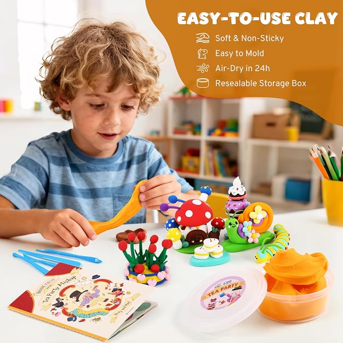 Air Dry Clay Kit for Kids, Modeling Magic Clays, 18 Colors with Storybook, DIY Tutorials, Tools & Scene Cards, Soft, Non-Sticky & Light, Clay Craft Gift for Boys & Girls Ages 3+ (Tea Party)