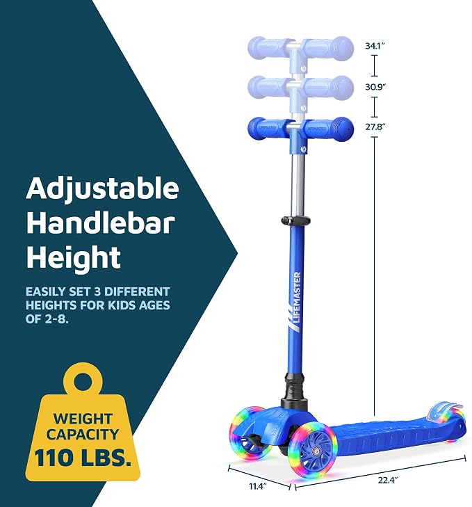 Lifemaster Mini 3-Wheel Kids Scooter with Multi-Color Wheel Lights – 4-Height Adjustable Handlebar, Wide Anti-Slip Deck, Child Safety Certified, Boys & Girls Ages 2+ Supports Up to 110 lbs