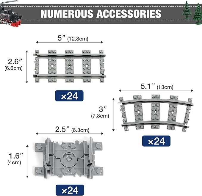 MANNIDOO Classic City Train Tracks, 72 Pieces Railroad Track with 24 Flexible, 24 Curved and 24 Straight Tracks, Train Expansion Accessories Compatible with All Major Brands Train Tracks