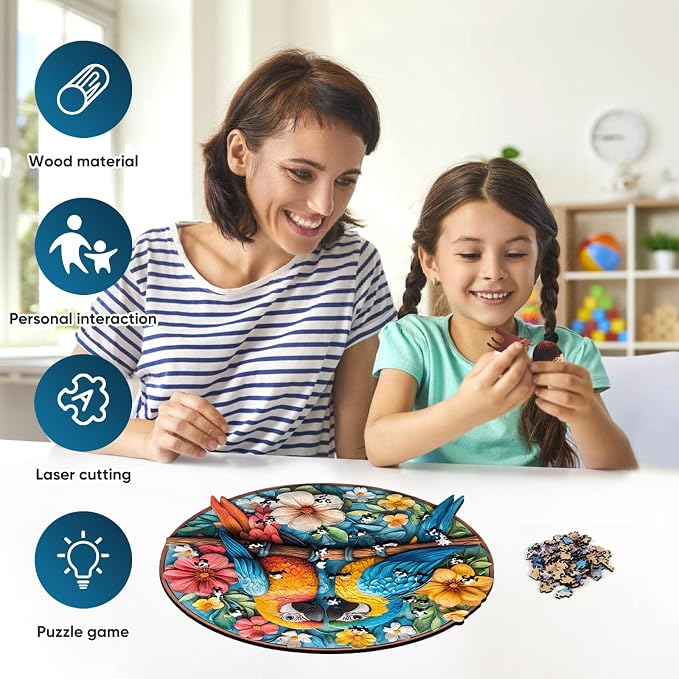 Mys Aurora Wooden Puzzles for Adults Round Parrots Jigsaw Puzzles, 200 Pieces 5MM Thick, Unique Shaped Colorful Bird Puzzle Family Game Gift for Adults and Kids, 11 x 11.2 Inch