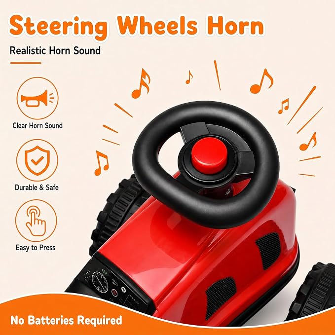 Kids Ride on Tractor, 2 in 1 Foot to Floor Push Car w/Detachable Trailer, Horn, Rake & Shovel, No Power Sliding Toy Gift for Toddlers, Outdoor Ride on Construction Vehicle (Red)