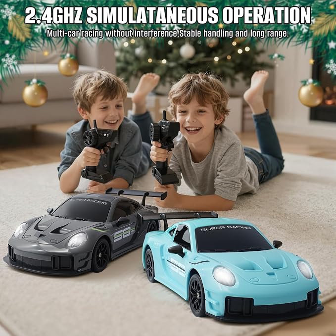 RC Drift Car, 1:24 4WD Remote Control Cars Vehicle with LED Light,2.4GHz 20KM/H High Speed RC Cars with Two Batteries & Drifting Tires Racing Sport Toy for Adults Boys Girls Kids Blue