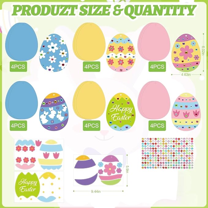 PAIVSUN 24Pcs Easter Crafts Kit, Make Your Own Easter Egg Arts and Crafts Set, DIY Self-Adhesive Bunny Sticker Handmade Artwork Decorations Spring Party Favors Supplies