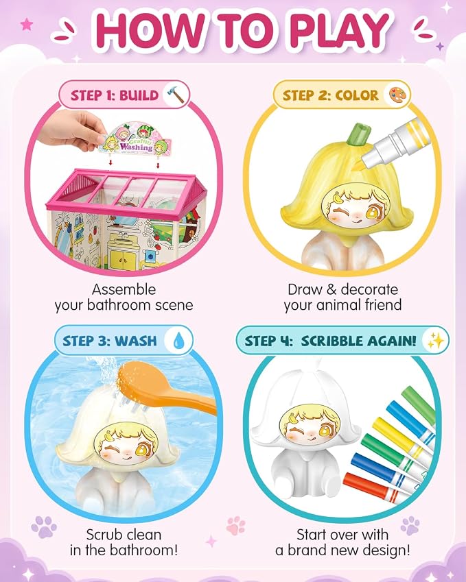 Kids DIY Pet Washable Paint Art and Crafts Toys with 4 Fairy Figurines | Drawing Toys for Kids, Clean DIY Painting Kit 6 Washable Markers Creative Gift for Kids, Playset for Girls & Boys, Ages 3+