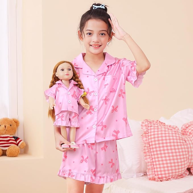 ICOSY Matching Doll & Girls Silk Pajamas Satin Pjs for Girls Button-Down Top and Shorts for 18" Doll Girl Clothes