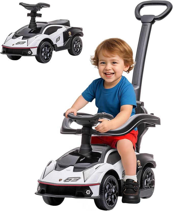 Aosom 2-in-1 Ride On Push Car for Toddlers 1-3, Licensed Lamborghini Stroller Sliding Car, Push-Along with Under Seat Storage Horn Engine Sound and Steering Wheel, Manual, White