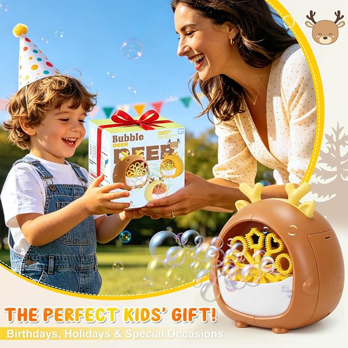 JONEG Bubble Machine Toys for Kids 3-8 Years Old - Bubble Blower Maker with Solutions, Outdoor Toy, Birthday Gift for 3 4 5 6 7 8 Year Old Girls Boys Toddlers (Deer-Brown)