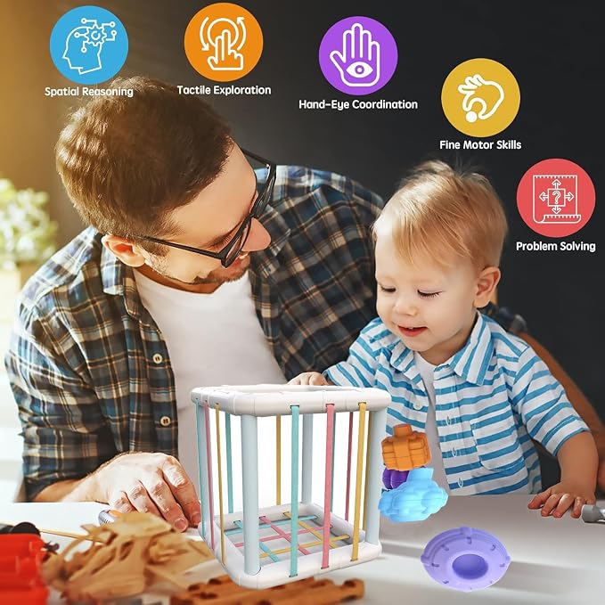 Montessori Toys,6 Pc Multi Sensory Shape Toys and Cube Bin, Shape Sorter Baby Toys for Girls Boys Birthday Gift,Toddler Developmental Learning Toys,Learning & Fine