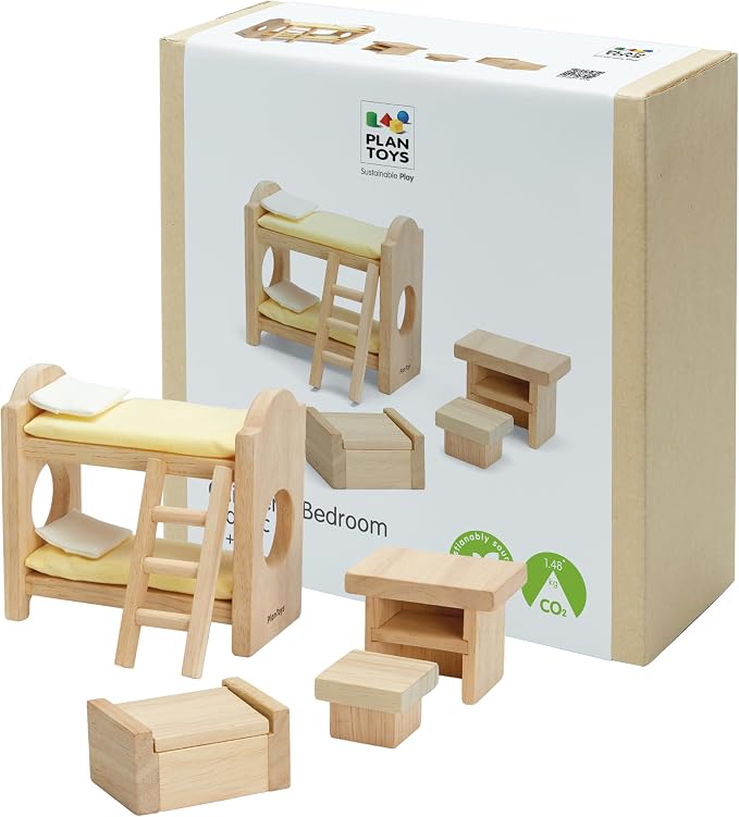 PlanToys® Wooden Children’s Room Classic Set for Montessori Small World Play | Creative Role Play and Social Interaction | Eco Friendly Wooden Dollhouse Bedroom Furniture for Imaginative Play