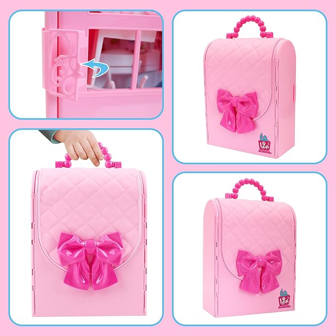 deAO Doll Houses Portable Backpack for Girls Toy House Baby Dollhouse Bedroom Furniture for 3 to 8 Years Olds Toddler Kids…