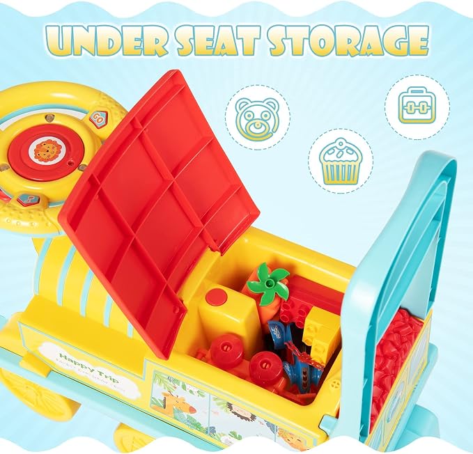 OLAKIDS Kids Ride On Train with Track, 6V Electric Toy with Lights and Sounds, Retractable Footrest, Under Seat Storage, Christmas Theme Battery Powered for Toddlers Boys Girls (1 Seater, Lion)