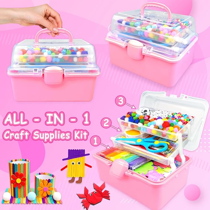 3000 Arts and Crafts Supplies for Kids Craft Kit Craft Box with Pipe Cleaners Arts and Crafts for Kids Age 4-6, 6-8, 8-12 DIY School Supplies Materials Set Toys Gifts for Girls Boys Toddlers, Red