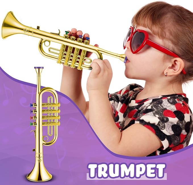 3 Pcs Kids Instruments Musical Toy Saxophone Trumpet Clarinet with 8 Color Coded Keys Educational Teaching Songs Gifts for Boys Girls Children Toddler Beginner Birthday Concert Party(Gold)