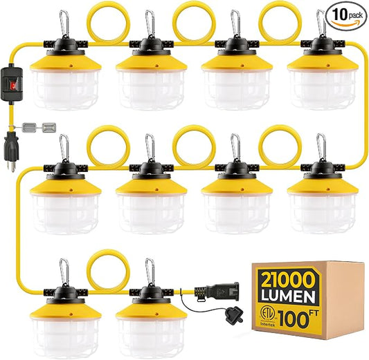 100FT 3 Prong 150W Construction String Lights with Switch, 10-Head LED Work Light, ETL Certified, 18/3 SJTW Cord, IP65 Waterproof, Linkable up to 6 Sets, for Jobsite, Attic, Garage