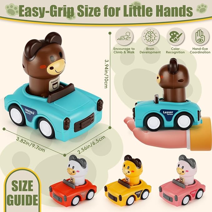 Press to Go Car Toy for 1-3 Year Old Toddler,Animal Push Cars Friction Powered,No Batteries Required, BPA-Free,Easy Clean,Indoor Outdoor Toy for 6-9-12-18 Month,Birthday Gift for 1-2 Boy Girl