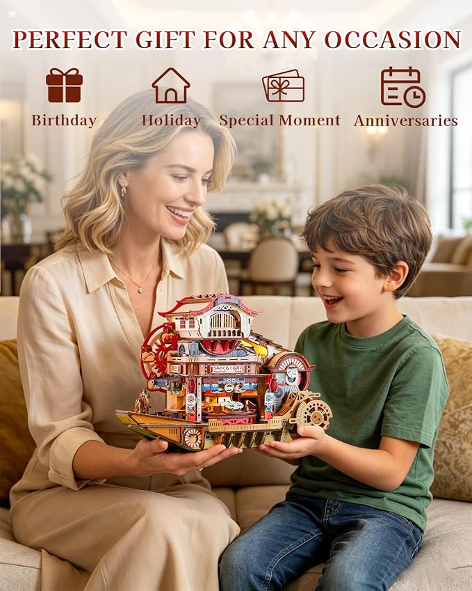 Nautical Sushi 3D Puzzles for Adults, 425PCS Wooden Mechanical Model Building Kit with Music and Lights, Miniature House Kit, Unique Home Decor Craft Gifts for Christmas Birthday Father's Day