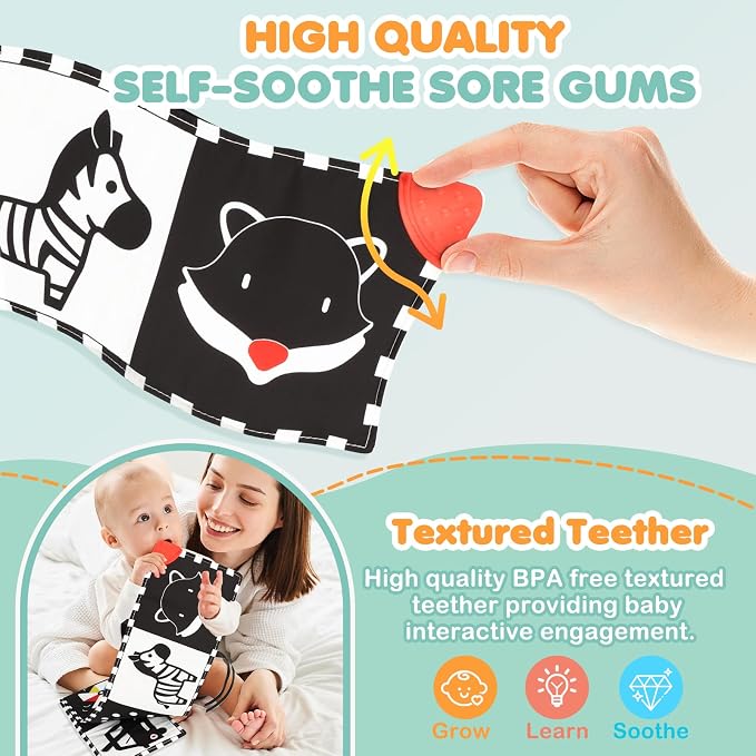 BBWOO High Contrast Baby Toys for Newborn, Tummy Time Mirror, Black and White Baby Toy for 0-6 Months, Soft Montessori Visual Stimulation Infant Book, Boy Girl Shower Gift