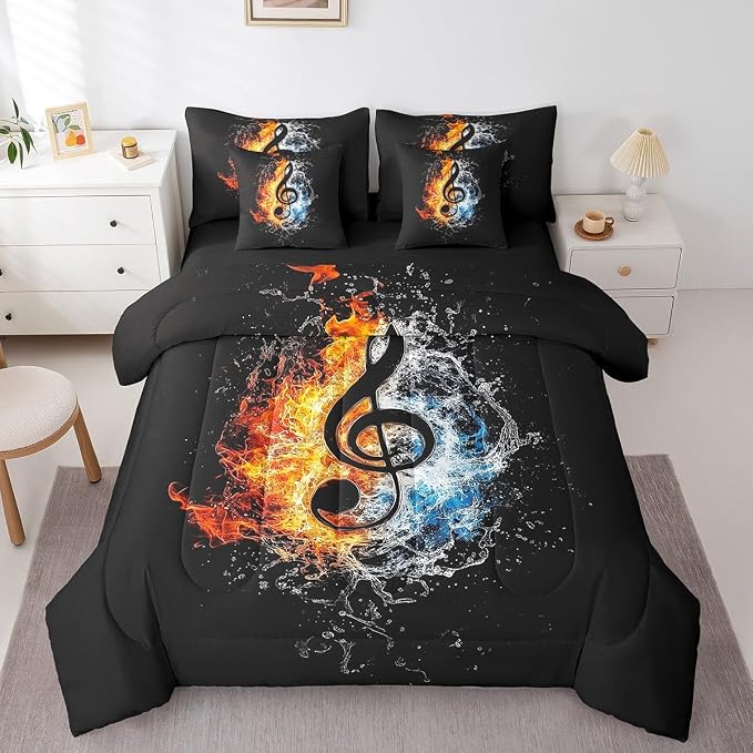 Feelyou Music Comforter Set with Sheets Twin Size Popstar Party Bed in a Bag for Boys Girls Teens Dark Black 7 Pieces Bedding Set Soft Lightweight Microfiber