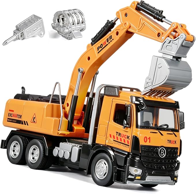 Excavator Toy Diecast Metal Cab Construction Truck Toys for Kids Excavator with Movable Robotic Arm Pull Back Toy Excavator with Lights and Sounds Excavator Toys for Boys 3-5 Year Old
