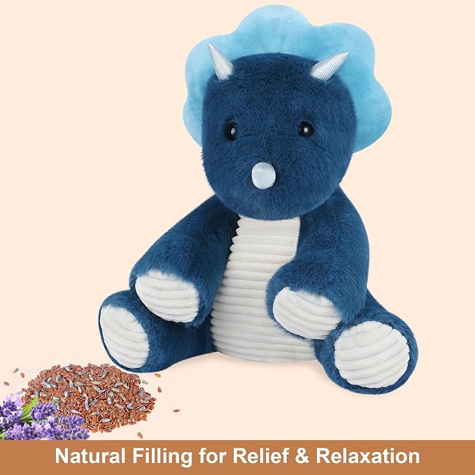 SuzziPals Microwavable & Coolable Triceratops Dinosaur Stuffed Animals, Heated Stuffed Animal Heating Pads for Soothing & Relaxation, Navy Blue Dino Plush for Stress Relief, Plushies Dinosaur Gifts
