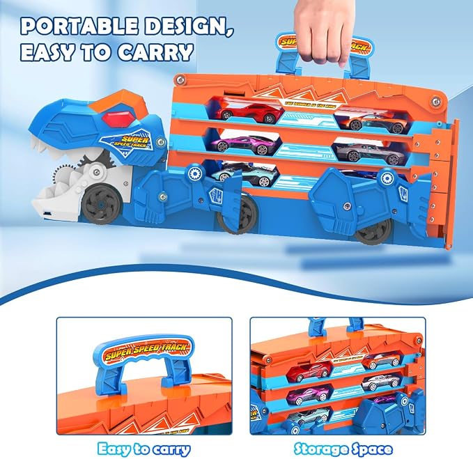 VATOS Toddler Truck Toy - Ejection Folding Dinosaur Track, Portable Truck Car with 8 Race Cars, Best Gift Toy Cars Set for Toddlers 3 4 5 6 7 Years Old