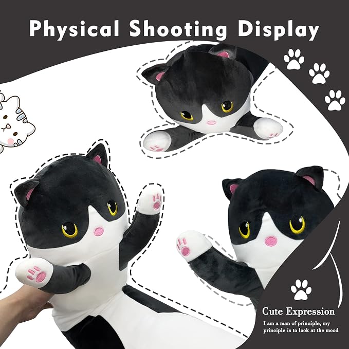 Long Cat Plush Pillow, 27.6in Cute Black Cat Plushie Stuffed Animals Body Pillow, Kawaii Kitten Soft Plushie Doll Toy Birthday Gift for Children Girlfriend
