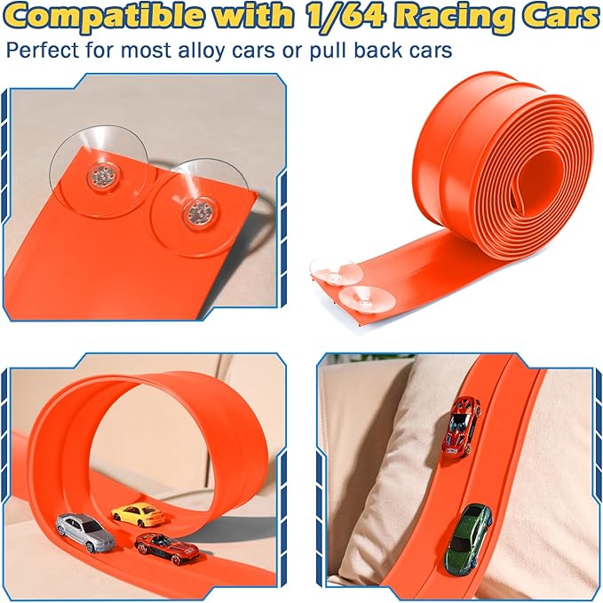 Flexible Race Track for Kids, Flexible Car Track 15Ft Race Track Compatible with Diecast 1/64th Cars, Roll Up Car Ramp Toy with Strong Suction Cups
