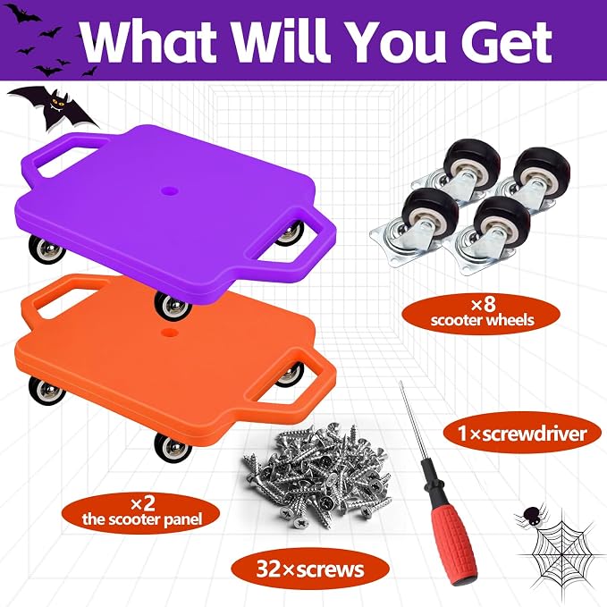 2 Pcs Sports Scooter Board with Handles Colored Floor Sitting Scooter Board with Plastic Casters for Kids Gym Indoor Outdoor Activities Play Equipment
