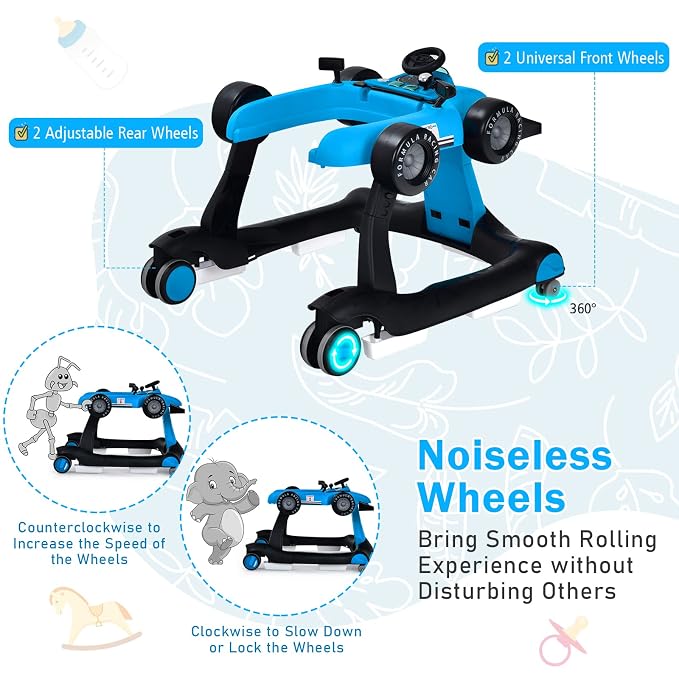 BABY JOY 4-in-1 Baby Walker, Foldable Activity Walker with Adjustable Height & Speed, Music, Lights, Anti-Rollover, Toddler Push Walker, Baby Walker with Wheels for Boys Girls 6-18 Months (Blue)
