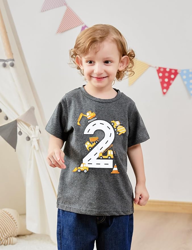 Lovekider 2-5 Years Birthday Boy Shirt Construction Party T-Shirts Excavator Cotton Short Sleeve Tee Dark Grey