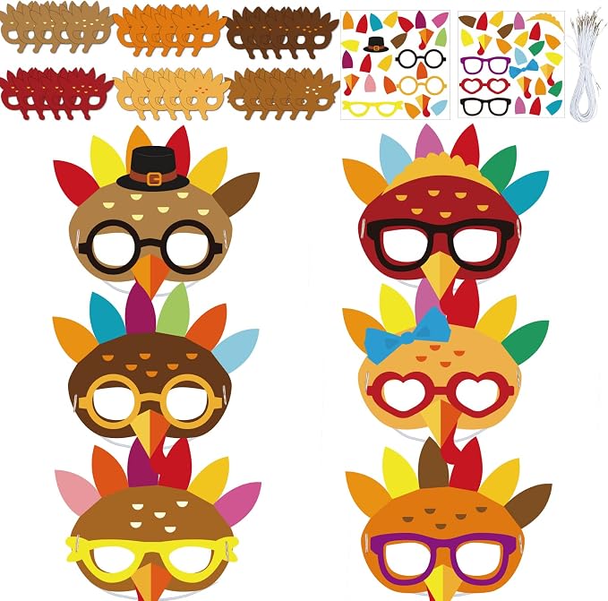 chiazllta 30 Packs Thanksgiving Turkey Masks Craft for Kindergarten Kids, Thanksgiving Art Craft Kit DIY Paper Masks for Preschool Home Classroom Game Activities Party Favors