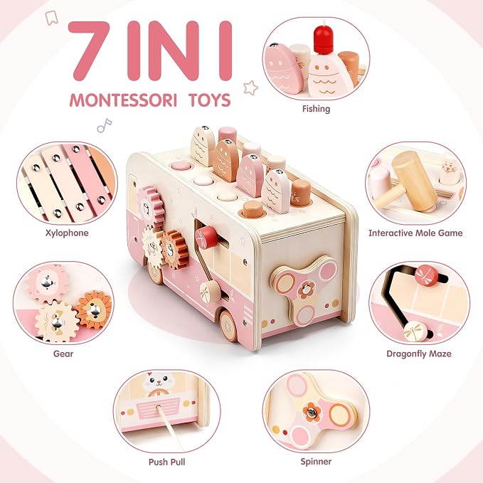 Vanplay Hammering Pounding Toys for 1 Year Old Girl Gifts, Montessori Toys for 1 2 Year Old, 7 in 1 Wooden Preschool Learning Activities Toy for Toddlers 1-3 - Baby Girl Gifts 12+ Months(Pink)