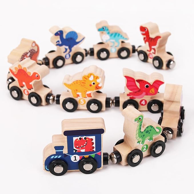 Magnetic Wooden Dinosaur Train Set, 11 Piece Montessori Toys for Toddlers, Preschool Educational Material for Kids, Birthday Gifts for Boys and Girls