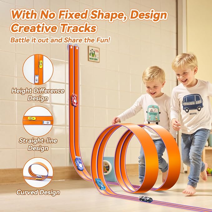 Upgrade Flexible Race Track for Kids, 15 Ft Flex Race Car Ramp Track with 4 Cars & Suction Cups - Compatible with Diecast 1/64th Cars, Car Tracks Toys for Kids Boys Girls Ages 3 4 5 6+ (Orange)